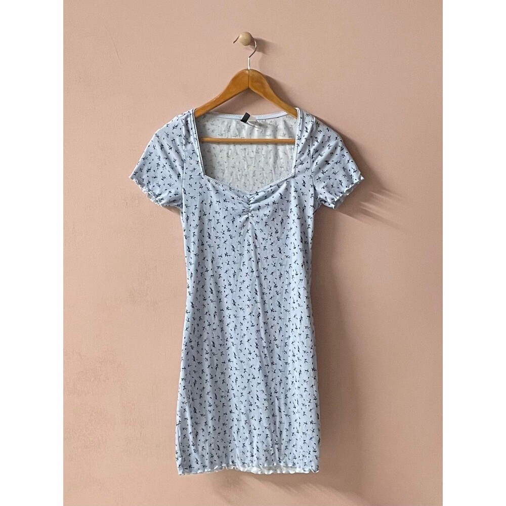 H&M Light Blue Ribbed Floral Mini Dress Size M